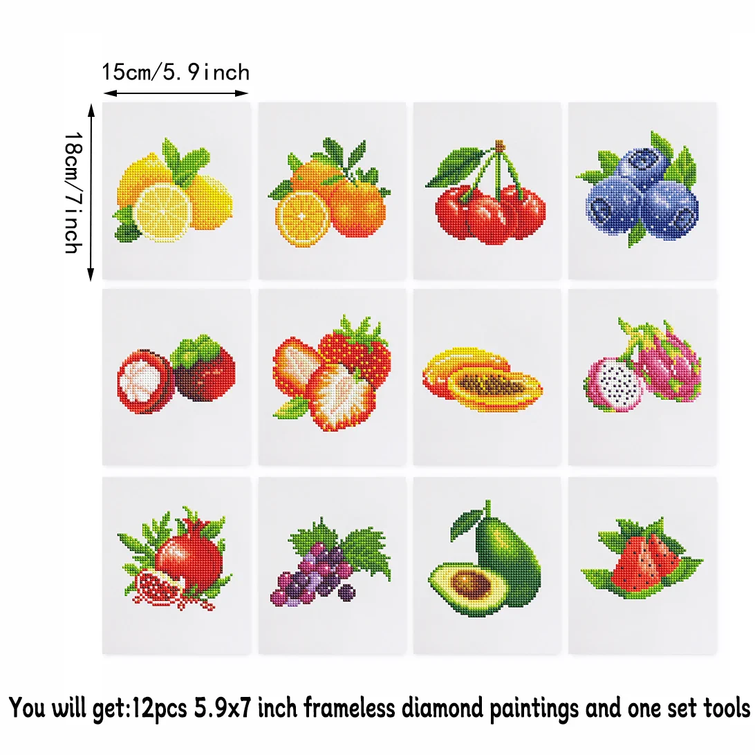 12 pezzi, mini set di pittura diamante fai da te con frutta, decorazione della parete di casa, ornamenti regalo selezionati - immagine 3