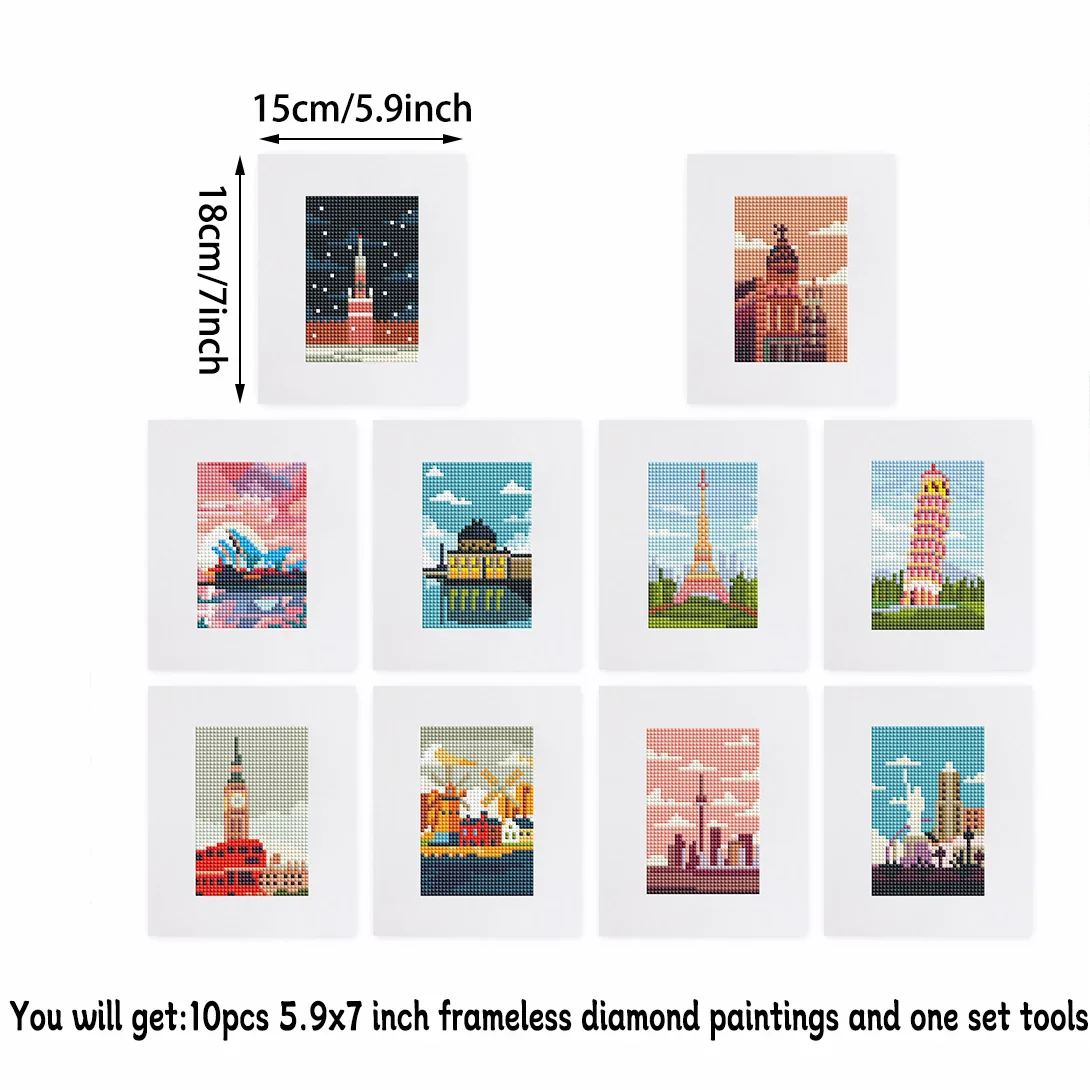 10 pezzi, mini set di pittura diamante fai da te con motivi architettonici, decorazione della parete di casa, ornamenti regalo selezionati - immagine 4