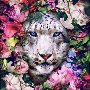 Tigre bianca in mezzo ai fiori Diamond Painting | Seos Shop ®