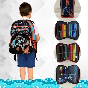 Kit con: Zaino ovetto Shout, fantasia Gamer con 3 tasche + astuccio 3 zip con cancelleria